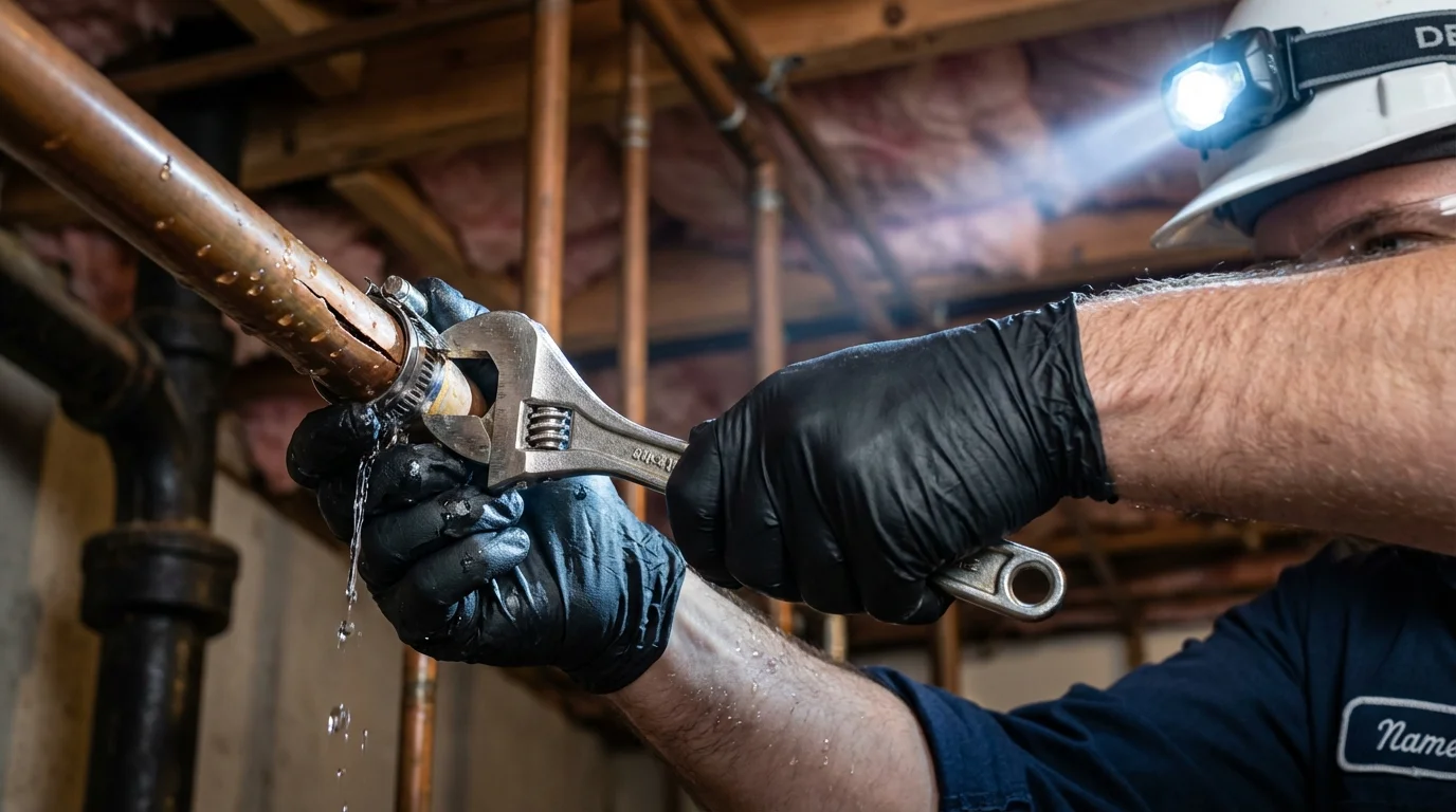 Emergency pipe clamp repair being performed by a Johns Plumbing LLC plumber in Saint Paul Park