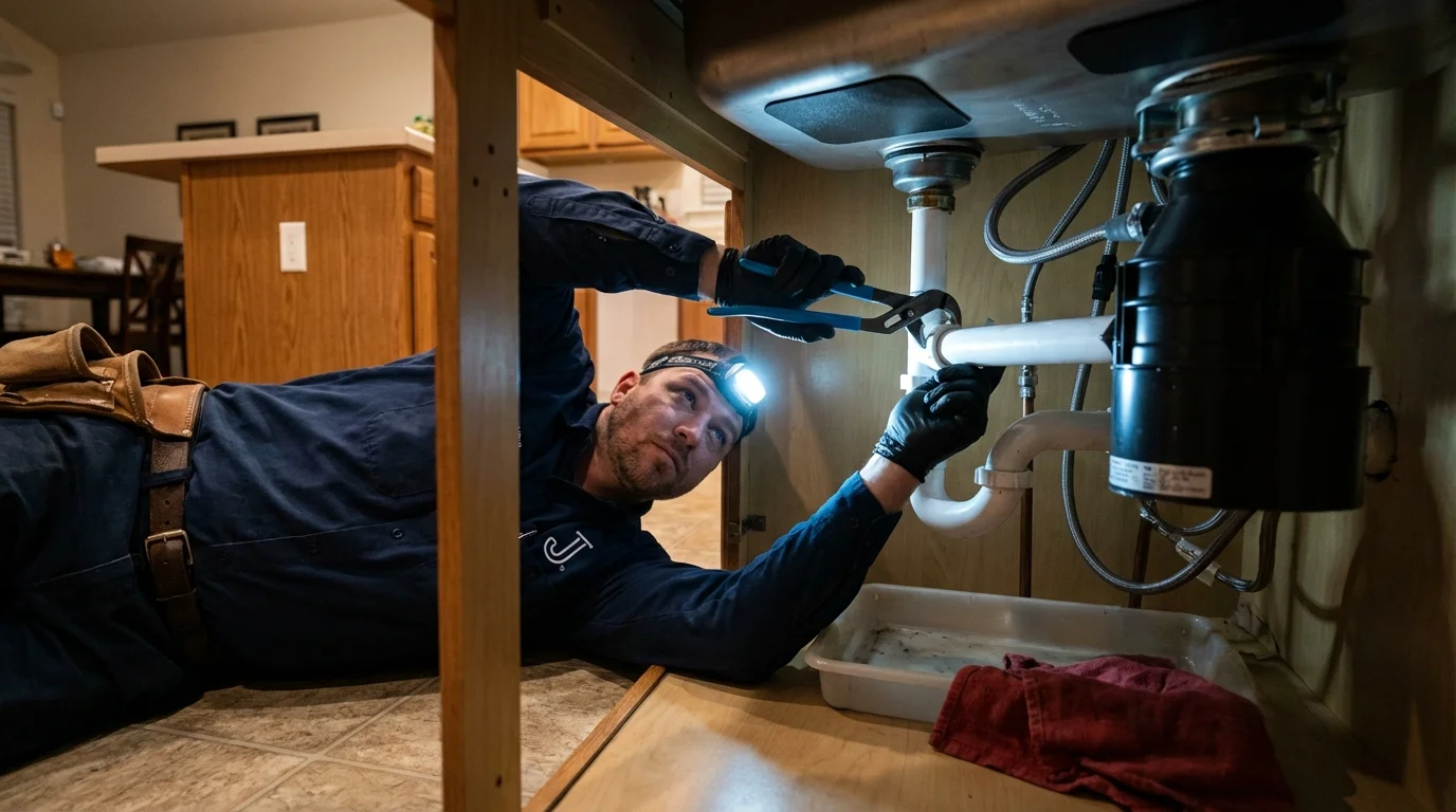 P-trap and supply line connections under a kitchen sink showing a common leak point in Saint Paul Park, MN